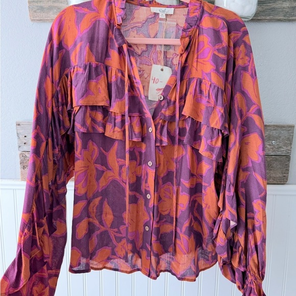 Easel Vibrant Purple and Orange Floral Blouse - Picture 1 of 5